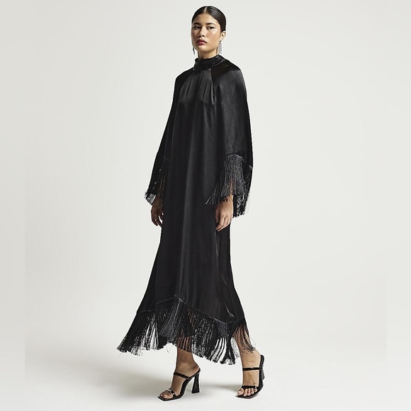 BNWT black RI studio satin fringe maxi - Picture 1 of 3
